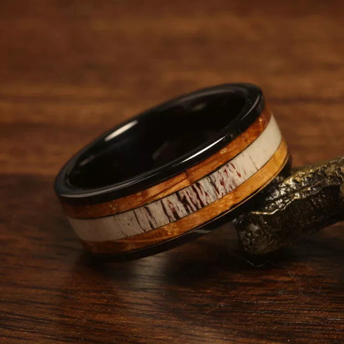 Men's 8mm Tungsten Deer Antler Whiskey Barrel Wood Inlay Engagement Wedding Band